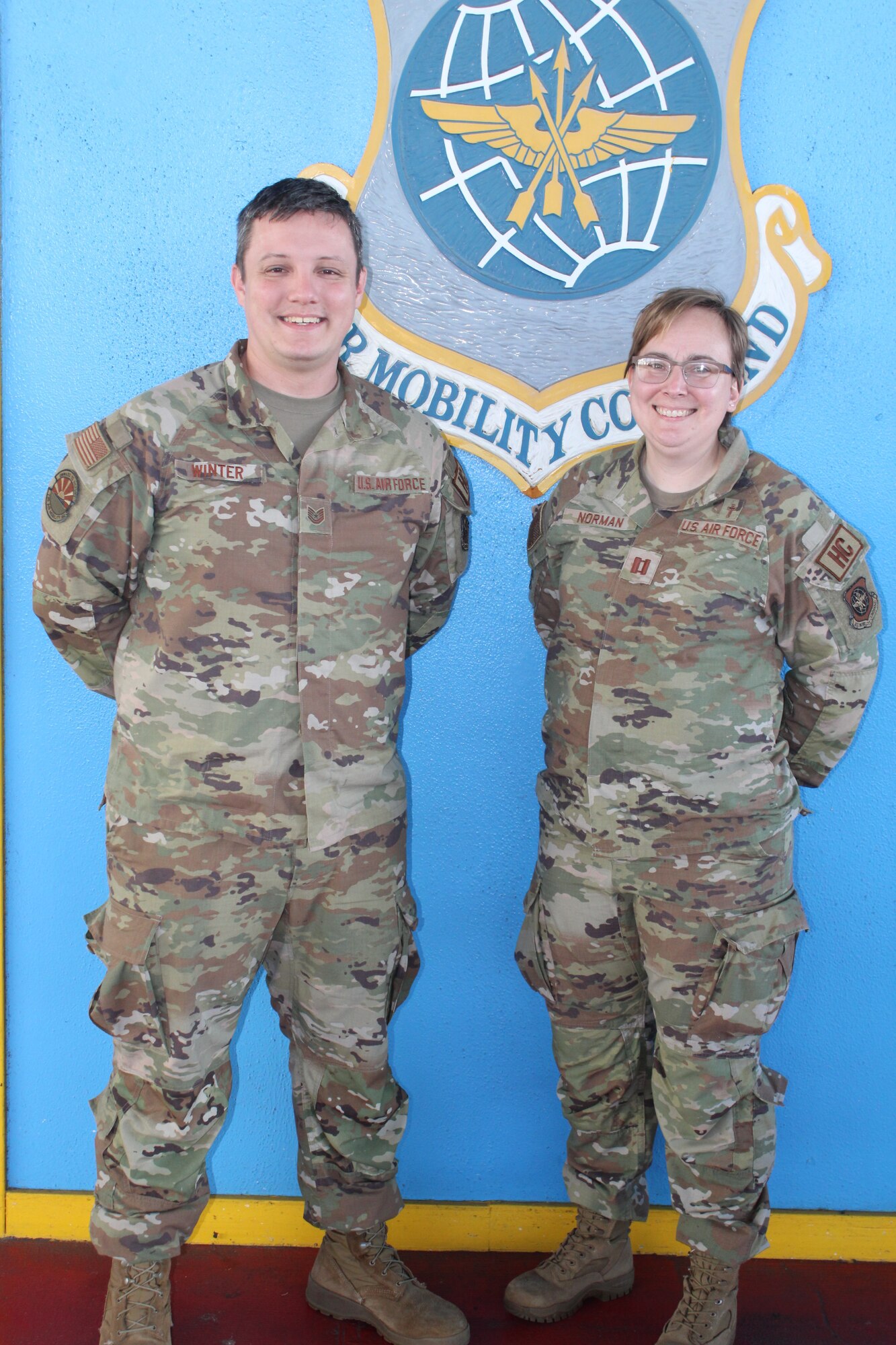 Tech. Sgt. Andrew Winter, left, and Chaplain Christina Norman serve on a True North Religious Support Team for the 715th Air Mobility Operations Group, located at Joint Base Elmendorf-Richardson, Alaska. (U.S. Air Force courtesy photo)