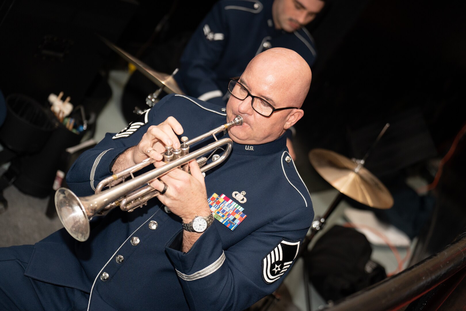Master Sgt. Eric Proper, Band of the West trumpet player, perform during the Air Force Recruiting annual Operation Blue Suit Arrival Ceremony March 21, 2023, at Joint Base San Antonio-Randolph, Texas.