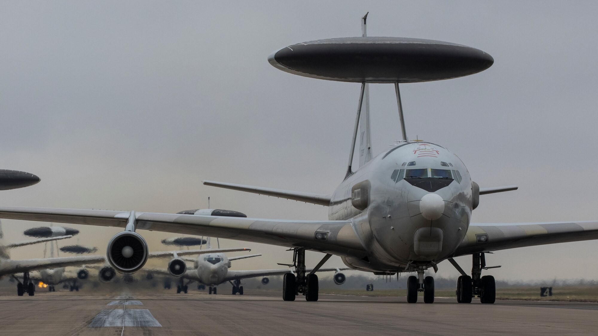 E-3 Sentry aircraft lined up on the runway.