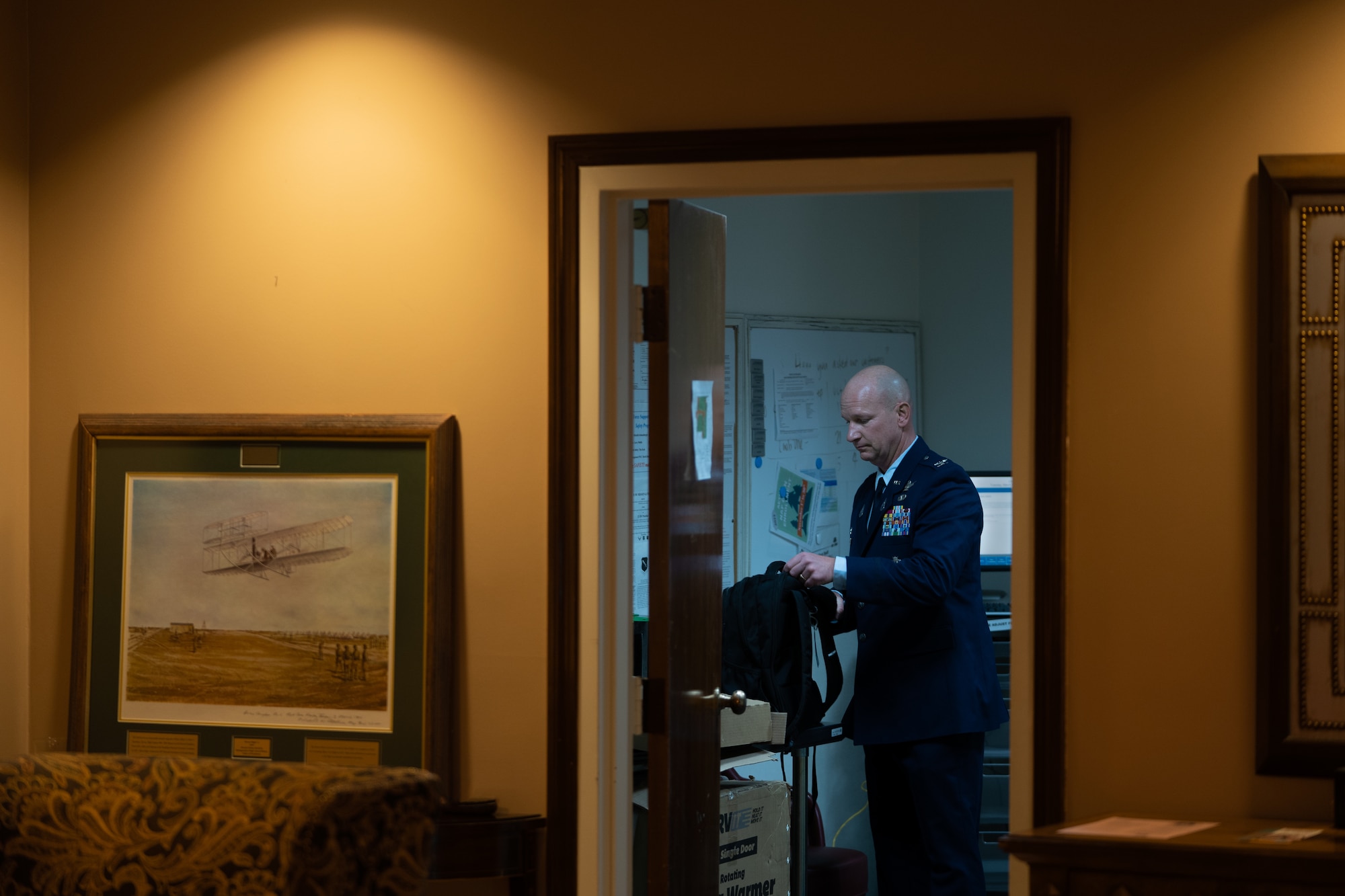 U.S. Space Force Col. David Hanson, Space Base Delta 1 commander, takes a moment before greeting SBD 1 leadership and civic guests during the State of the Bases address at Peterson Space Force Base, Colorado, March 21, 2023. This is the State of the Bases address Hanson has been responsible since assuming command of SBD 1. (U.S. Space Force photo by SrA. Jared Bunn)