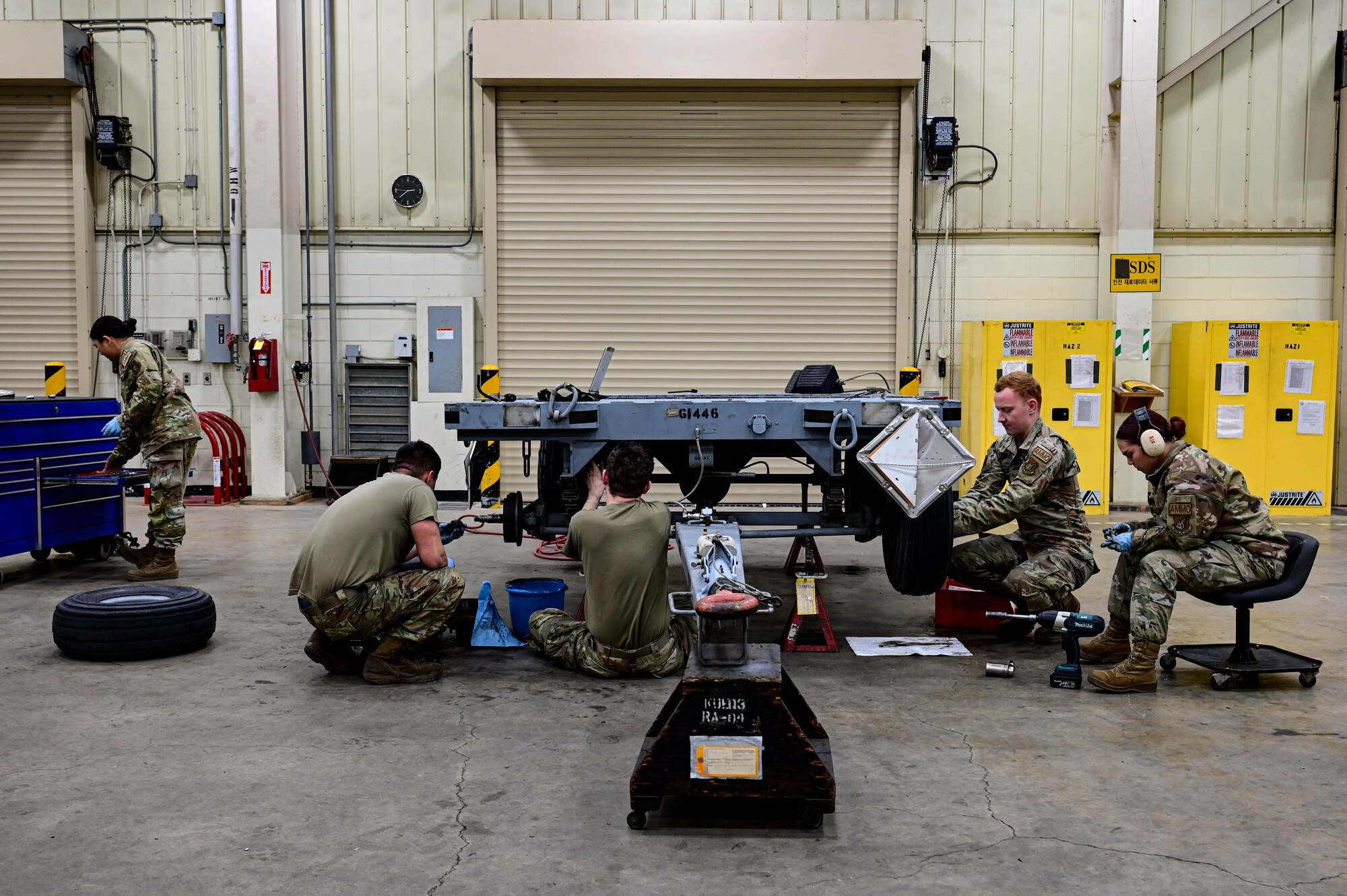 Airmen from the 8th Maintenance Squadron munitions support equipment maintenance section perform quarterly maintenance on a munitions trailer at Kunsan Air Base, Republic of Korea, Mar 15, 2023.