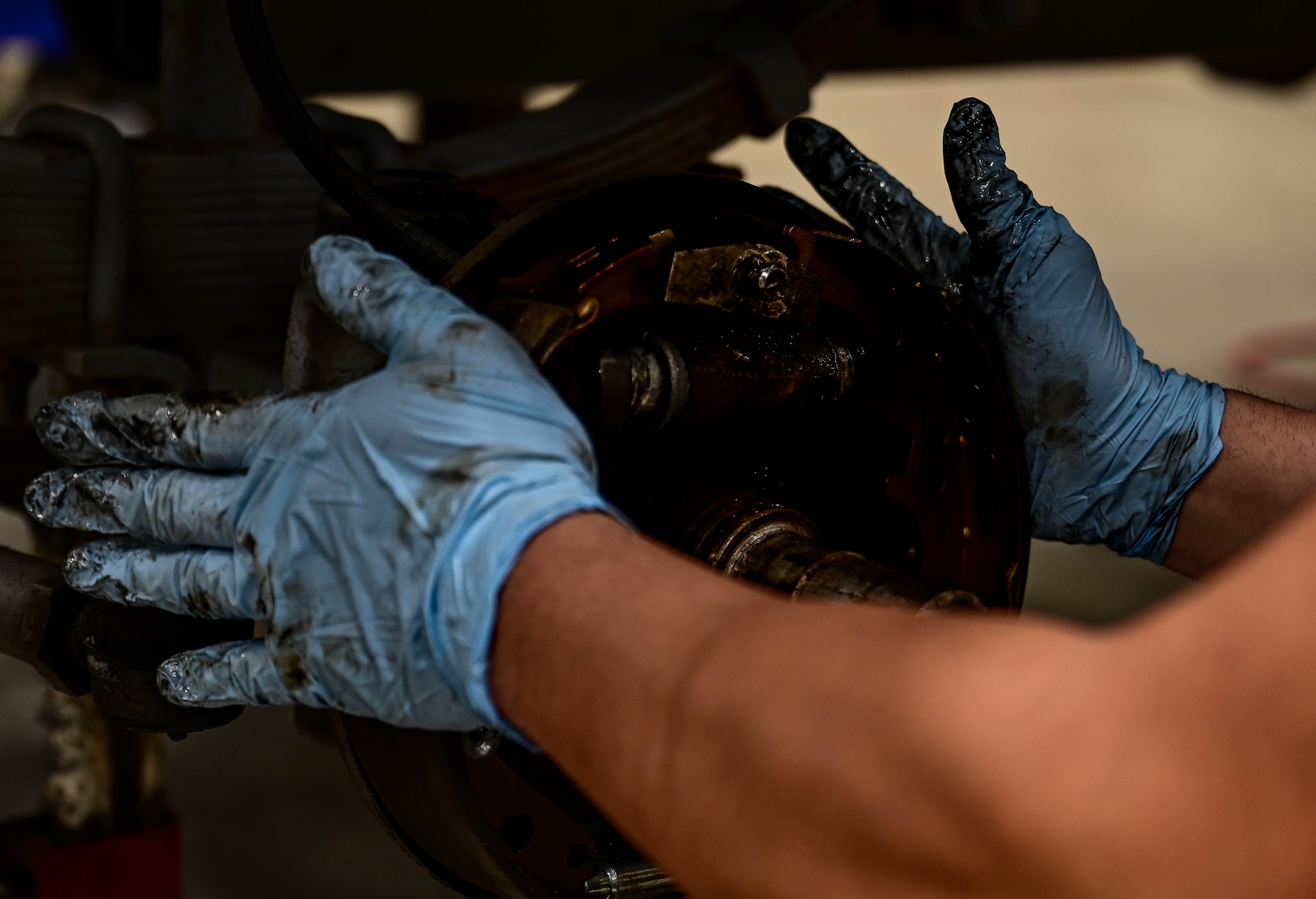 An Airman from the 8th Maintenance Squadron munitions support equipment maintenance section adjusts the rotors on a munitions trailer at Kunsan Air Base, Republic of Korea, Mar 15, 2023.
