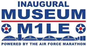 Inaugural Museum Mile. Powered by the Air Force Marathon. Blue silhouette of the National Museum of the U.S. Air Force