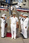 (March 21, 2023) U.S. Navy Adm. Stuart B. Munsch, commander of U.S. Naval Forces Europe and Africa (NAVEUR-NAVAF), departs the guided-missile destroyer USS Bulkeley (DDG 84), following a ship tour as part of the African Maritime Forces Summit (AMFS), March 21, 2023. Hosted by NAVEUR-NAVAF, the AMFS is a strategic-level forum that brings African maritime and naval infantry leaders together with their international partners to address transnational maritime security challenges within African waters including the Atlantic Ocean, Indian Ocean, and Mediterranean Sea.