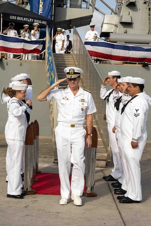 (March 21, 2023) U.S. Navy Adm. Stuart B. Munsch, commander of U.S. Naval Forces Europe and Africa (NAVEUR-NAVAF), departs the guided-missile destroyer USS Bulkeley (DDG 84), following a ship tour as part of the African Maritime Forces Summit (AMFS), March 21, 2023. Hosted by NAVEUR-NAVAF, the AMFS is a strategic-level forum that brings African maritime and naval infantry leaders together with their international partners to address transnational maritime security challenges within African waters including the Atlantic Ocean, Indian Ocean, and Mediterranean Sea.