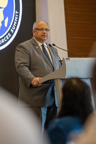 The Honorable Carlos Del Toro, Secretary of the Navy, gives his opening remarks at the African Maritime Forces Summit (AMFS), Mar. 20, 2023. The African Maritime Forces Summit (AMFS), hosted by U.S. Naval Forces Europe and Africa (NAVEUR-NAVAF), is a strategic-level forum that brings African maritime and naval infantry leaders together with their international partners to address transnational maritime security challenges within African waters including the Atlantic Ocean, Indian Ocean, and Mediterranean Sea.