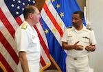 (March 22, 2023) U.S. Navy Adm. Stuart B. Munsch, commander of U.S. Naval Forces Europe and Africa (NAVEUR-NAVAF), and Rear Adm. António Duarte Monteiro, Cabo Verde’s Chief of Defense, converse following the African Maritime Forces Summit (AMFS) closing ceremony, Mar. 22, 2023. Hosted by NAVEUR-NAVAF, the AMFS is a strategic-level forum that brings African maritime and naval infantry leaders together with their international partners to address transnational maritime security challenges within African waters including the Atlantic Ocean, Indian Ocean, and Mediterranean Sea.