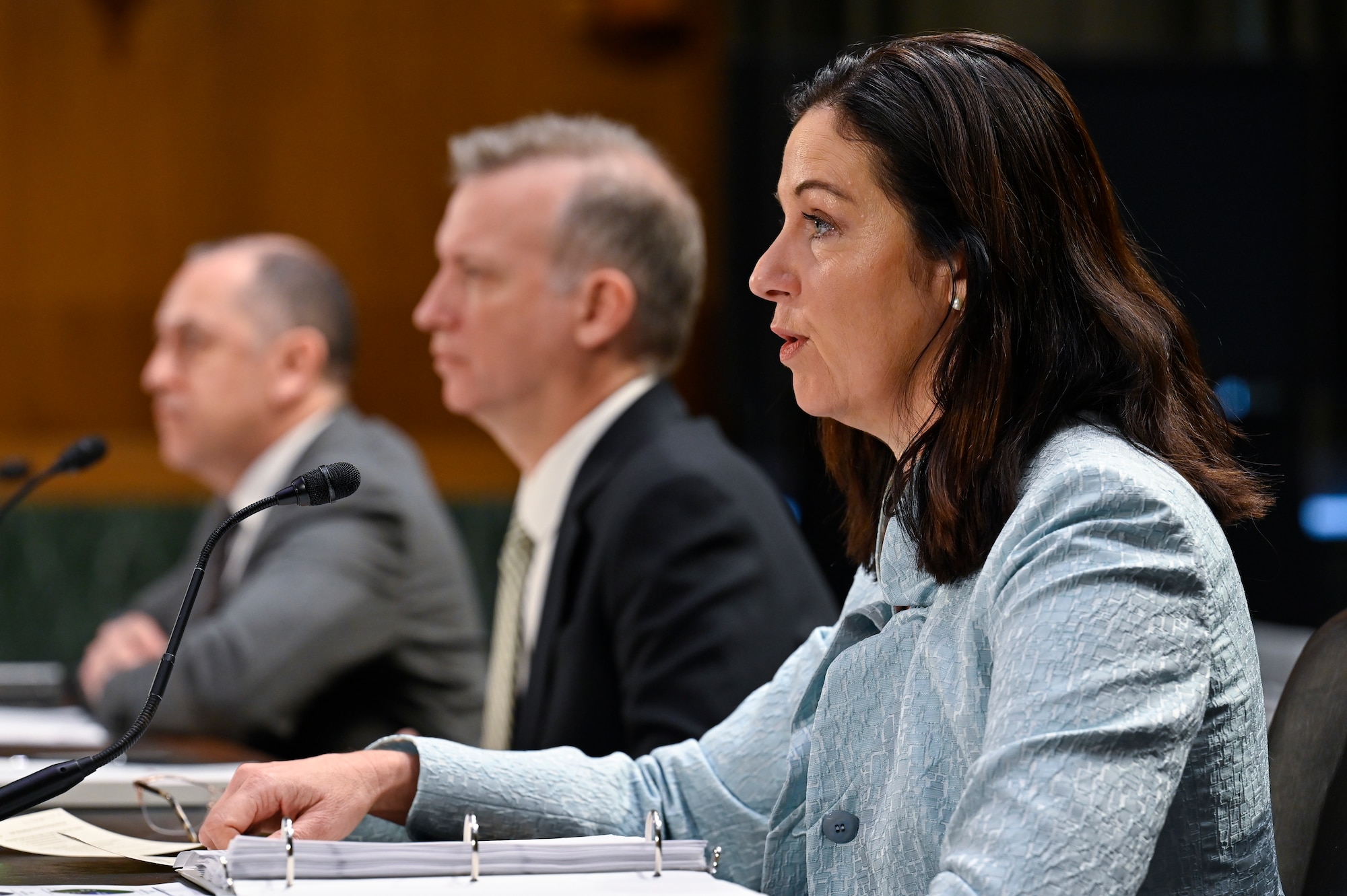 Kristyn Jones, assistant secretary of the Air Force for Financial Management and Comptroller, performing the duties of Under Secretary of the Air Force, Undersecretary of the Navy Erik Raven and Undersecretary of the Army Gabriel Camarillo testify before the Senate Armed Services Committee on military recruiting challenges in Washington, D.C., March 22, 2023. (U.S. Air Force photo by Eric Dietrich)
