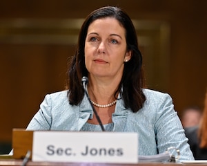 Kristyn Jones, assistant secretary of the Air Force for Financial Management and Comptroller, performing the duties of Under Secretary of the Air Force, Undersecretary of the Navy Erik Raven and Undersecretary of the Army Gabriel Camarillo testify before the Senate Armed Services Committee on military recruiting challenges in Washington, D.C., March 22, 2023. (U.S. Air Force photo by Eric Dietrich)