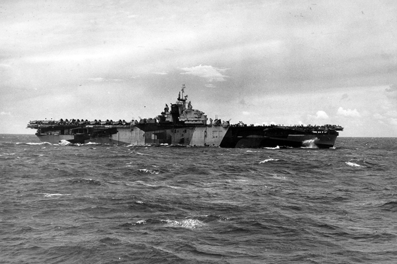 A large ship floats in water.