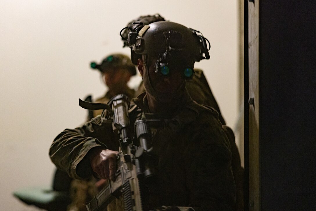 U.S. Marines with 26th Marine Expeditionary Unit conduct a full mission profile raid during MEU Exercise III, Fort A.P. Hill, Virginia, March 14, 2023. The raid was part of a scenario during MEUEX III designed to sharpen the MEU’s ability to conduct critical mission essential tasks and become more lethal in preparation for the upcoming deployment. (U.S. Marine Corps photo by Cpl. Kyle Jia)