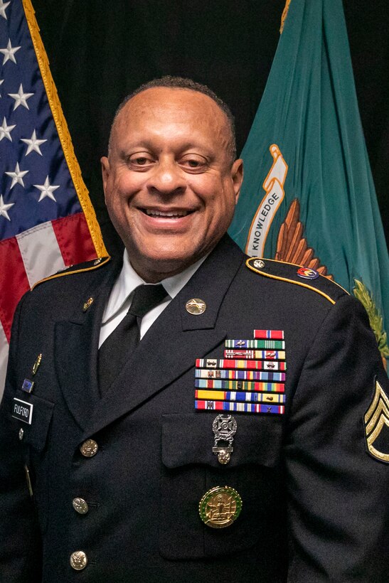 Nebraska Army National Guard Staff Sgt. Darrin Fulford, senior small group leader, 1-209th Regiment (Regional Training Institute), holds a Master Army Instructor Badge at Camp Ashland, Nebraska, Jan. 11, 2023.