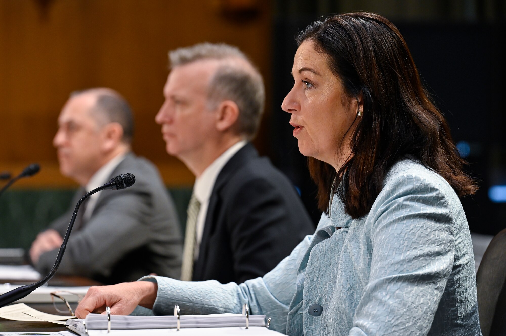 Kristyn Jones, assistant secretary of the Air Force for Financial Management and Comptroller, performing the duties of Under Secretary of the Air Force, Undersecretary of the Navy Erik Raven and Undersecretary of the Army Gabriel Camarillo testify before the Senate Armed Services Committee on military recruiting challenges in Washington, D.C., March 22, 2023. (U.S. Air Force photo by Eric Dietrich)