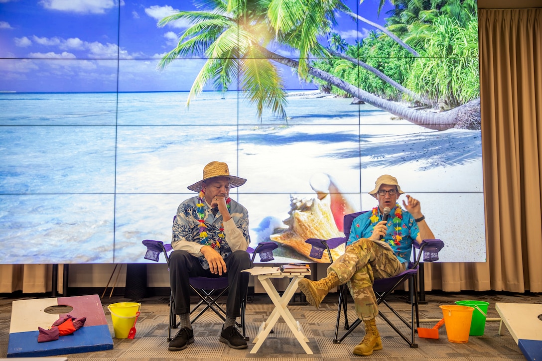 Col. Rhett Blackmon, Commander of U.S. Army Corps of Engineers, Galveston District, right, and Byron D. Williams, Deputy District Engineer, Programs and Project Management, talk to attendees of the district’s Fiscal Year 2023, 2nd Quarter Award Ceremony and Town Hall