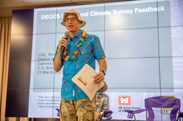 Col. Rhett Blackmon, Commander of U.S. Army Corps of Engineers, Galveston District, talks to attendees of the district’s Fiscal Year 2023, 2nd Quarter Award Ceremony and Town Hall