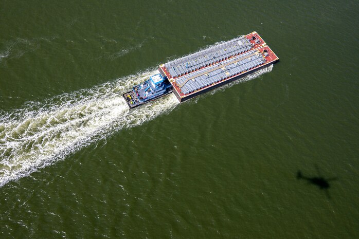 An aerial view of a barge in Galveston Bay