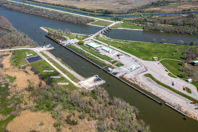 An aerial view of the U.S. Army Corps of Engineers Galveston District Wallisville Lake Project on the Trinity River