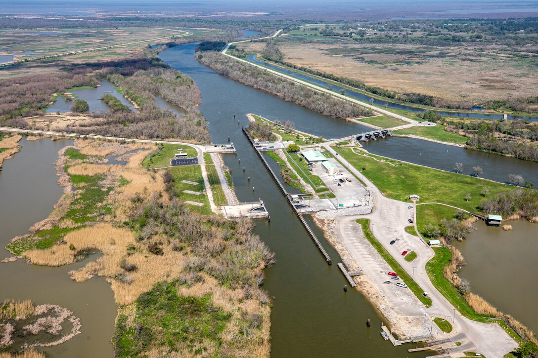 An aerial view of the U.S. Army Corps of Engineers Galveston District Wallisville Lake Project on the Trinity River