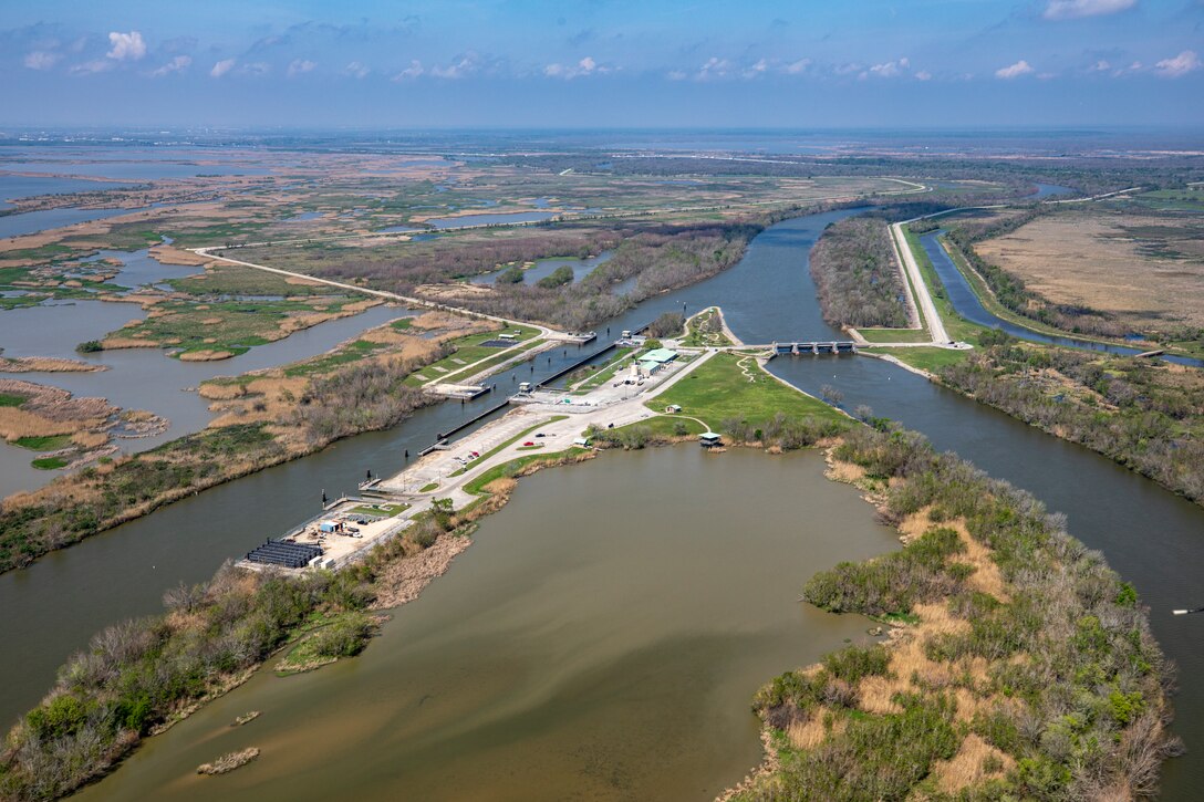 An aerial view of the U.S. Army Corps of Engineers Galveston District Wallisville Lake Project on the Trinity River