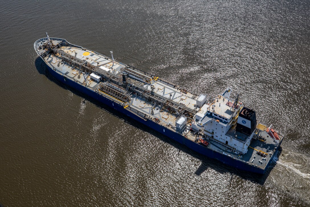 An aerial view of a ship in Sabine Lake