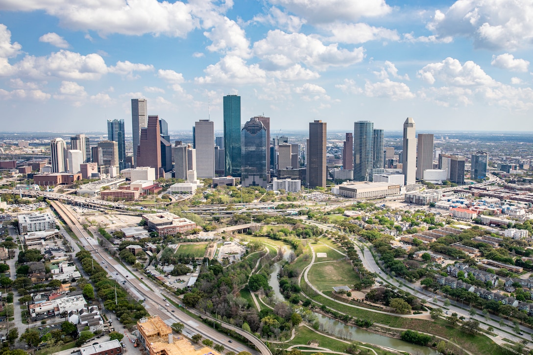 ) An aerial view of the City of Houston skyline