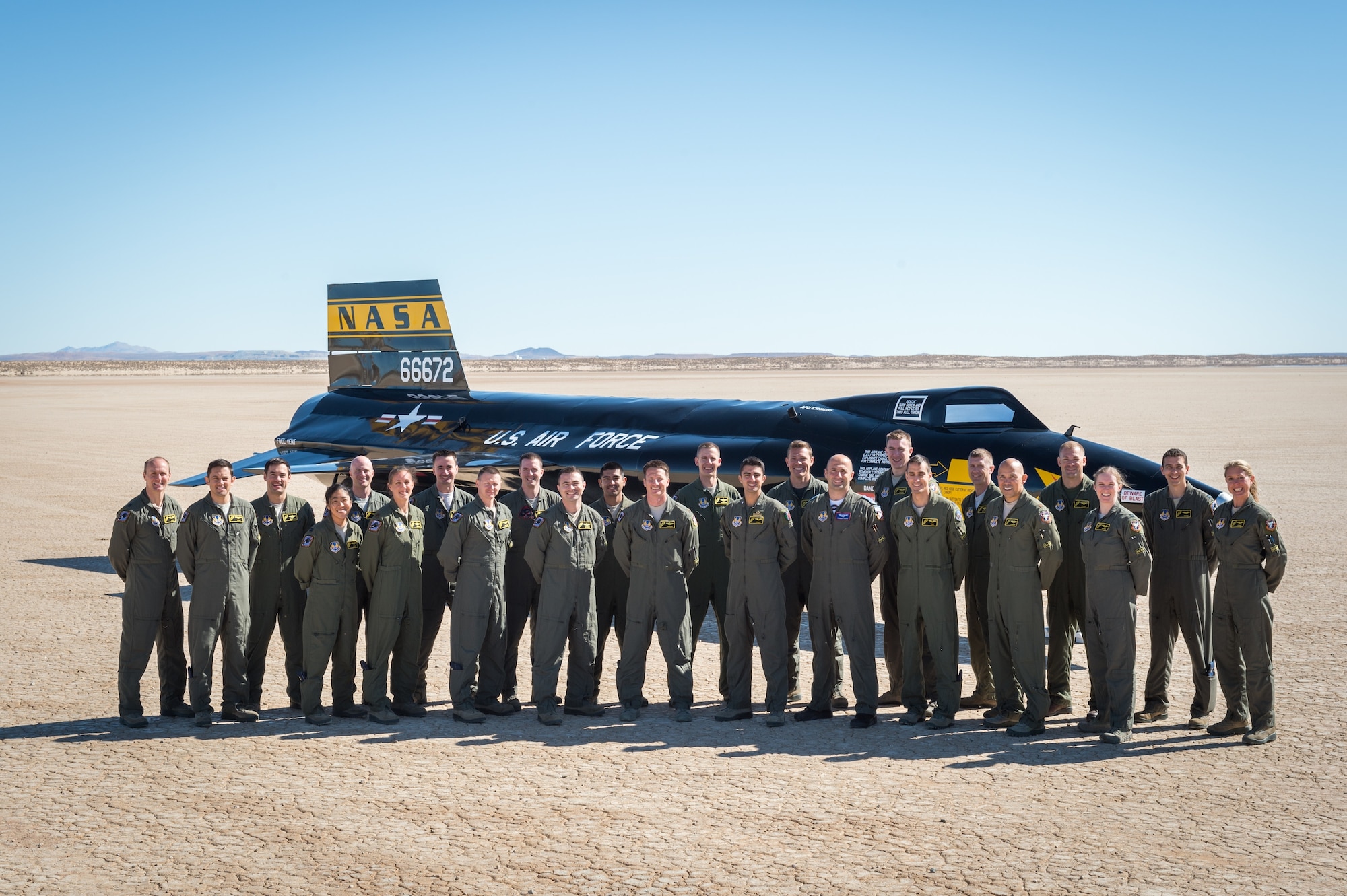 U.S. Air Force Test Pilot School Class 17B poses in front of the X-15 hypersonic rocket plane in March 2018. The class graduated June 8. (U.S. Air Force photo by Kyle Larson)