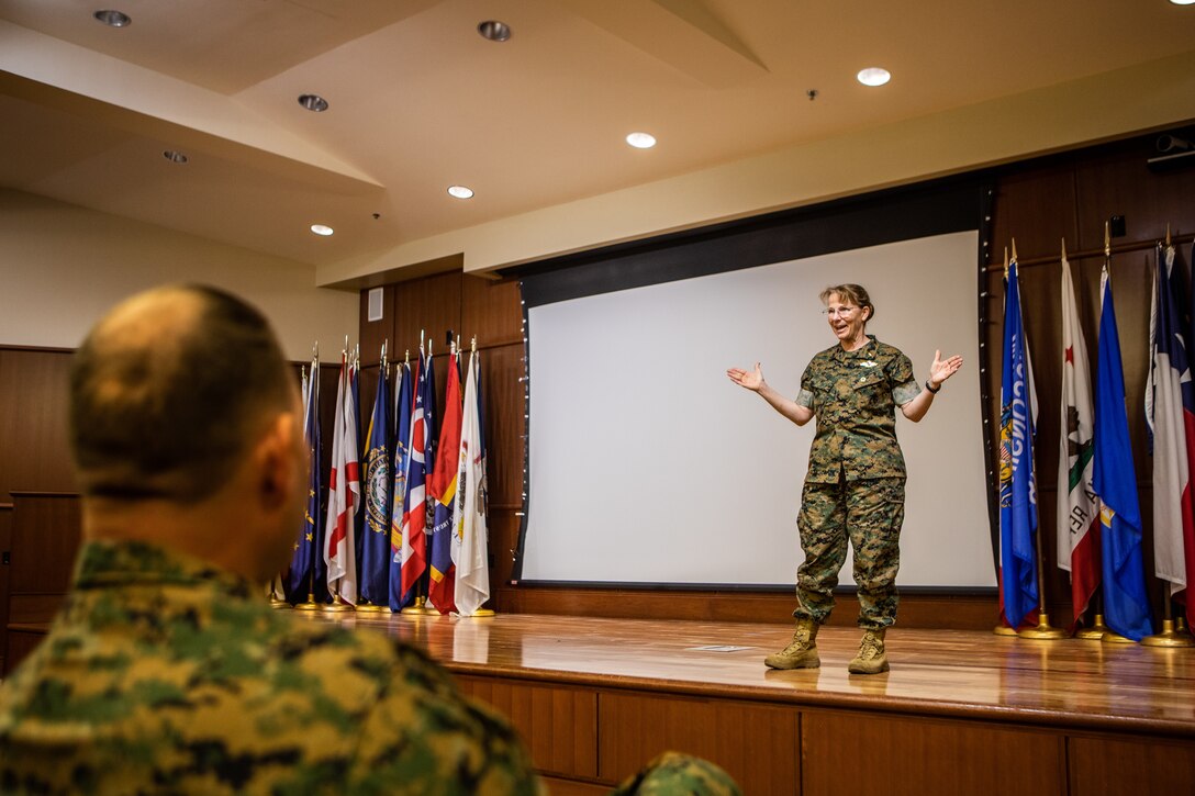Medical Officer of the Marine Corps Rear Adm. Pamela Miller briefs U.S. Navy corpsmen with Marine Forces Reserve