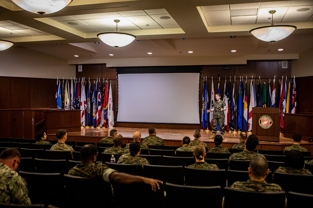 Medical Officer of the Marine Corps Rear Adm. Pamela Miller briefs U.S. Navy corpsmen with Marine Forces Reserve