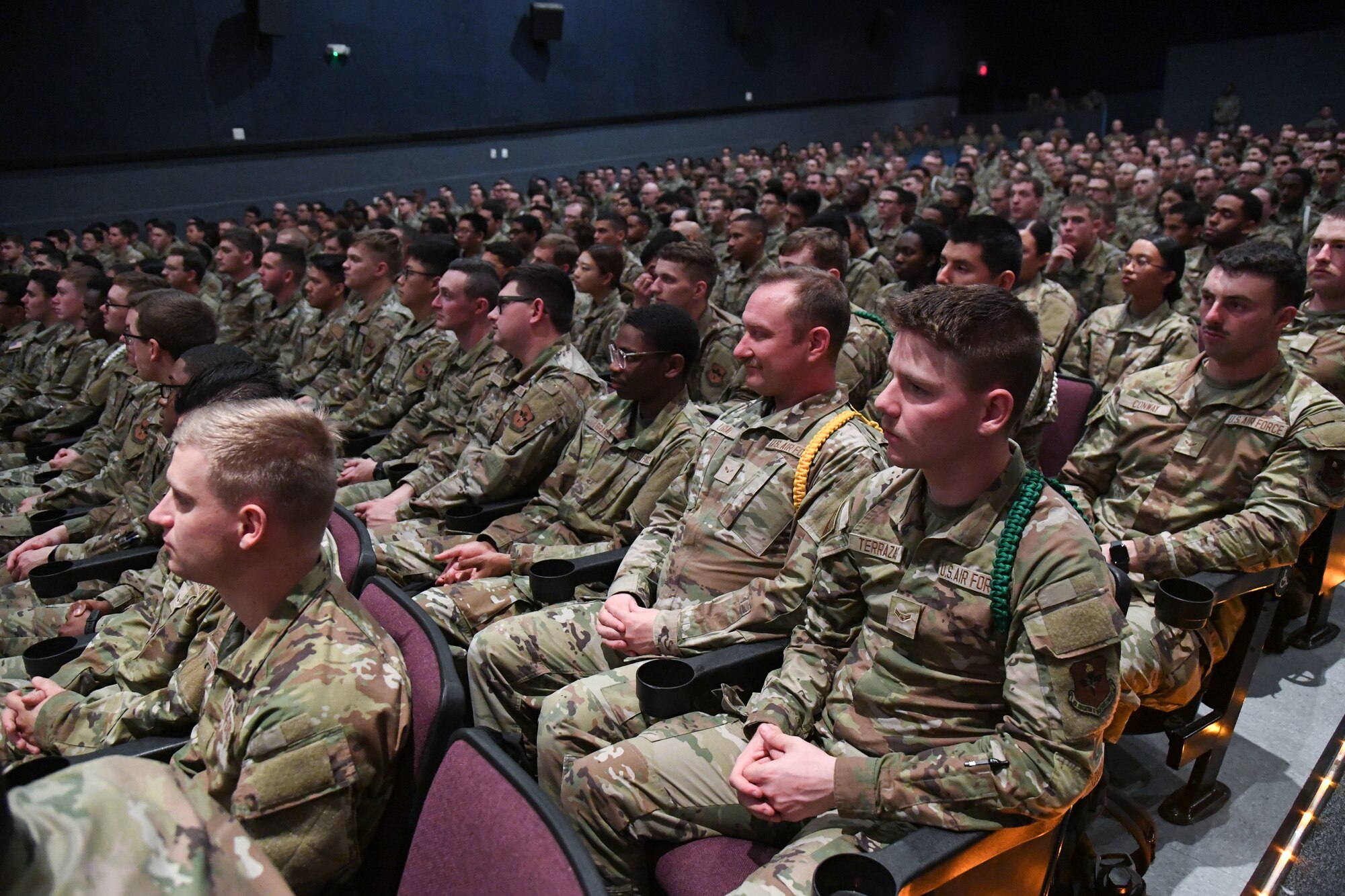 Cyber students from the 81st Training Group attend an all call inside the Welch Theater at Keesler Air Force Base, Mississippi, March 22, 2023.