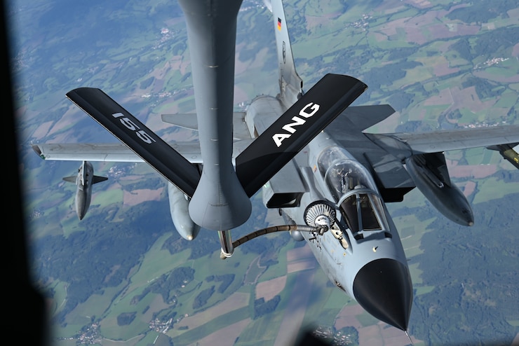 A KC-135R Stratotanker from the 155th Air Refueling Wing, Nebraska National Guard, refuels a German Tornado, Sept. 9, 2022, during Ample Strike Exercise.