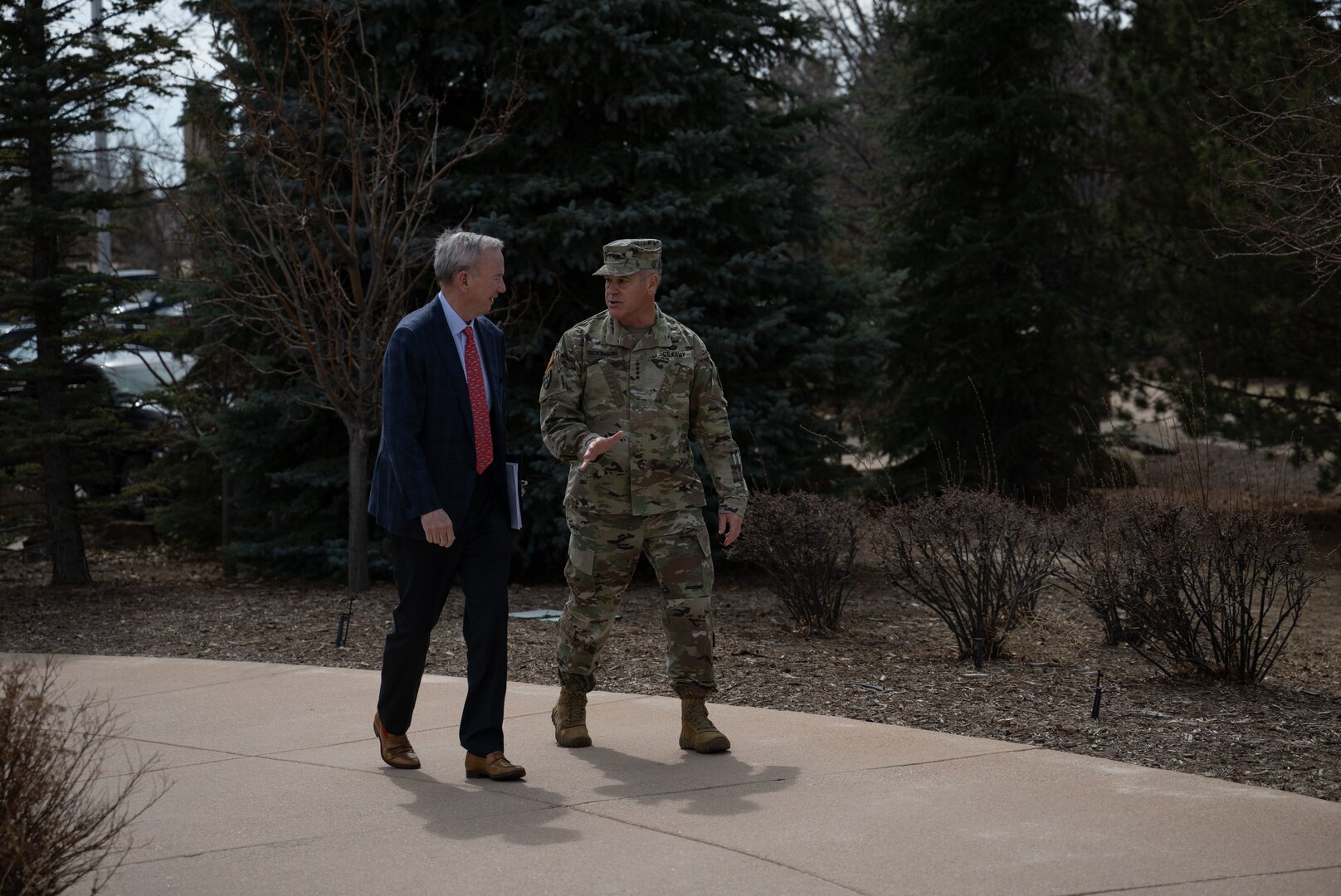U.S. Army Gen. James Dickinson, U.S. Space Command commander, greets Dr. Eric Schmidt on day two of USSPACECOM’s 2023 Spring Commander’s Conference at Peterson Space Force Base, Colo., March 15, 2023. Dr. Schmidt spoke to more than 70 senior leaders during the three-day conference on the future of technology in warfare, moving at the speed of pacing threats and the potential role of artificial intelligence for space and its effect on integrated deterrence. (USSPACECOM Photo by John Ayre)