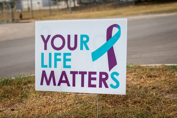 A sign reading "Your Life Matters" is seen at the entrance to the Nebraska National Guard air base in Lincoln, Nebraska, on Sept. 9, 2022.