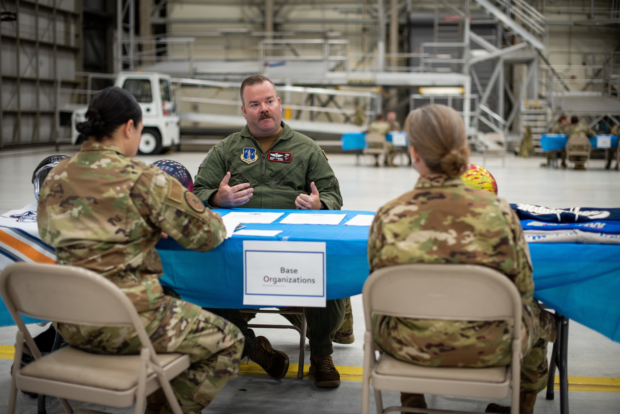 U.S. Air Force Master Sgt. Bryan Storbeck, a 128th Air Refueling Wing boom operator, shared information about base organizations at the 128 ARW, Milwaukee, September 11, 2022. “Being able to connect with airman from different careers across the wing through base organizations, helps bring us together,” said Storbeck. (U.S. Air National Guard photo by Staff Sgt. Josh Halverson)