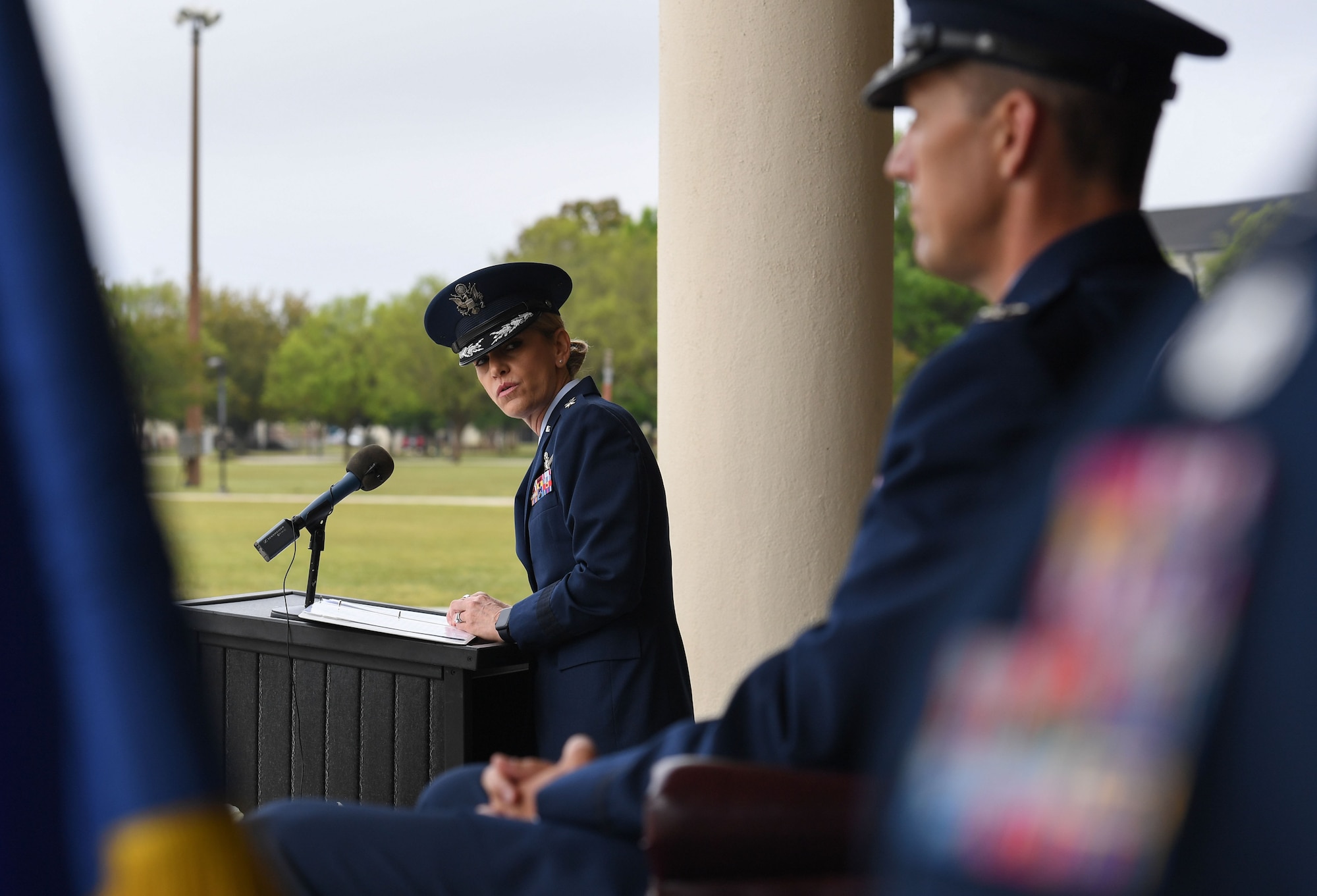 U.S. Air Force Maj. Gen. Michele Edmondson, Second Air Force commander, delivers remarks during the 81st Training Wing assumption of command ceremony on the Levitow Training Support Facility drill pad at Keesler Air Force Base, Mississippi, March 23, 2023.