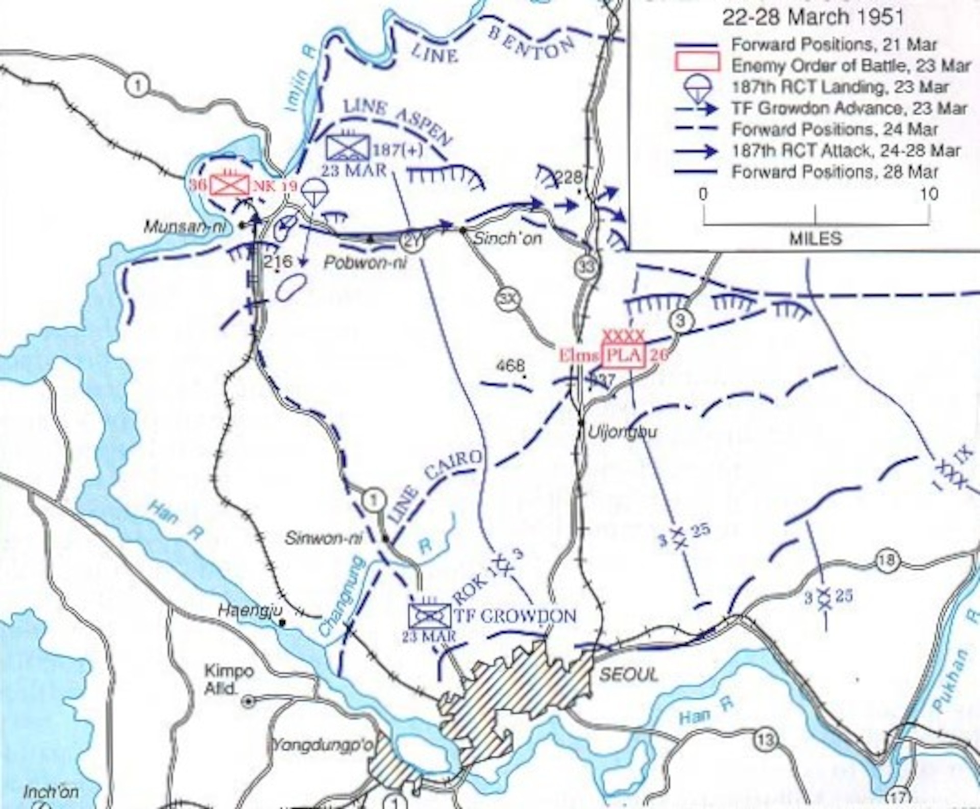 Map showing the battle situation north of the Han River and Seoul during the period 22-28 March 1951.  (U.S. Army Graphic)