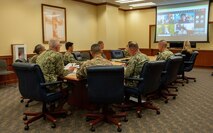 Navy Vice Adm. John Wade, Commander of Joint Task Force-Red Hill (JTF-RH) and senior leaders meet with Amy Miller, Director of the Enforcement and Compliance Assurance Division, Region 9 - U.S. Environmental Protection Agency, and Kathleen Ho, Deputy Director for Environmental Health of the Hawaii Department of Health, to provide a status update on the Red Hill Bulk Fuel Storage Facility (RHBFSF) defueling process at JTF-RH Headquarters on Ford Island, Hawaii, March 17, 2023. JTF-RH is in phase three of its five-phase defueling plan. Personnel are focused on completing repairs, quality control tasks, training, response preparation, the National Environmental Policy Act (NEPA) Environmental Assessment (EA), regulatory approvals and operational planning for such things as dewatering, repacking, and defueling. This extensive preparatory work will help ensure the safe and expeditious defueling of the RHBFSF. (U.S. Army photo by Spc. Matthew Mackintosh)