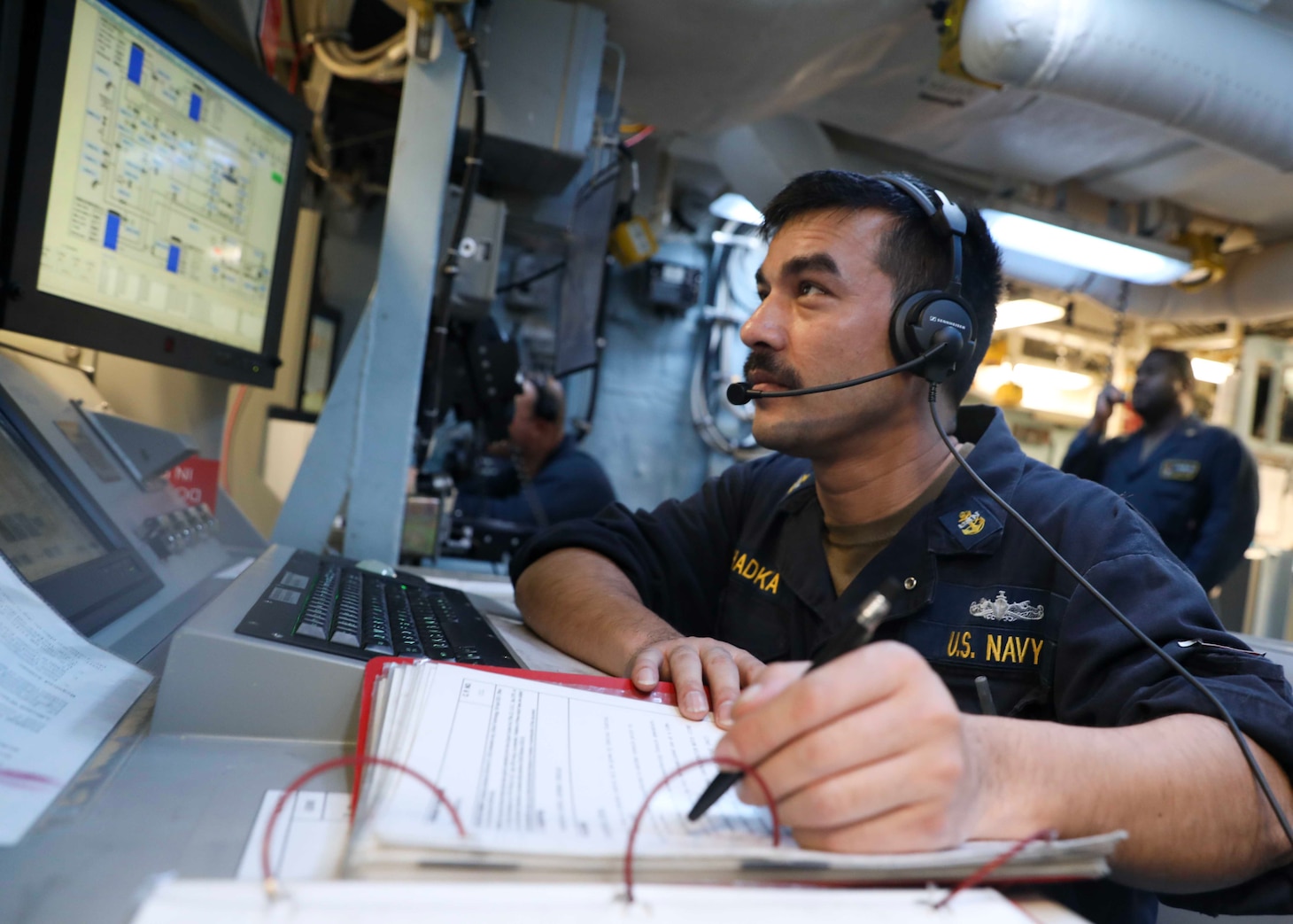 SOUTH CHINA SEA (March 24, 2023) – Chief Gas Turbine Systems Technician (Electrical) Khadka Prabhat, from Nepal, stands watch in the central control station aboard the Arleigh Burke-class guided-missile destroyer USS Milius (DDG 69) while conducting routine underway operations. Milius is forward-deployed to the U.S. 7th Fleet area of operations in support of a free and open Indo-Pacific. (U.S. Navy photo by Mass Communication Specialist 1st Class Greg Johnson)