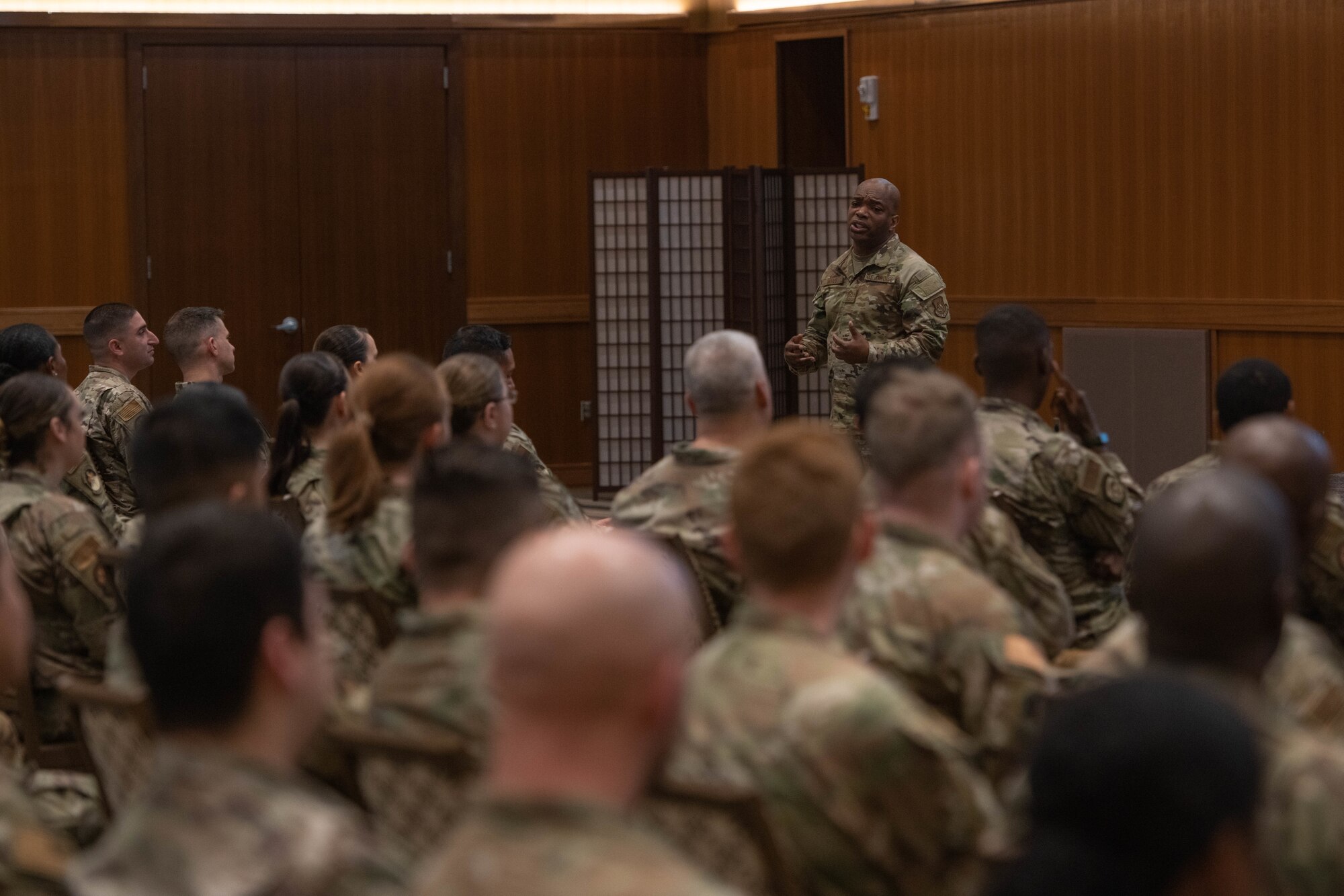 The Shogun Chief talks to Airmen during an enlisted call.