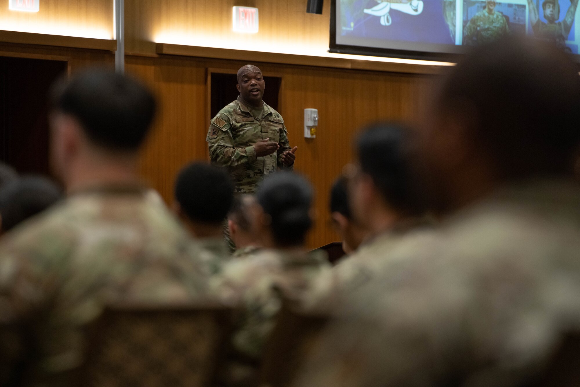 The Shogun Chief talks to Airmen during an enlisted call.