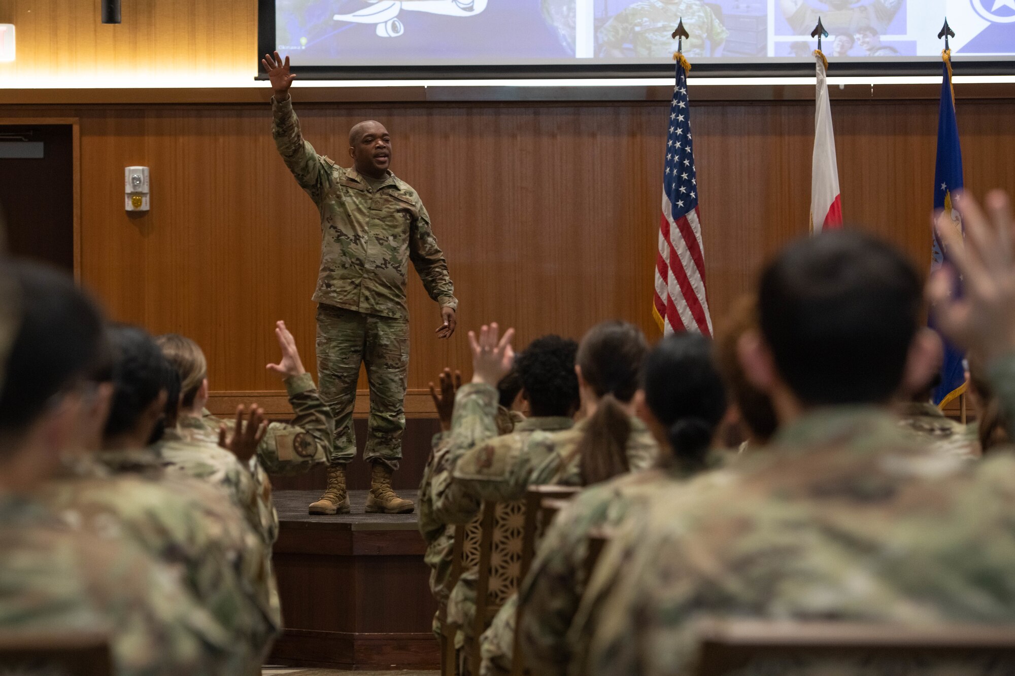 The Shogun Chief asks Airmen a question.