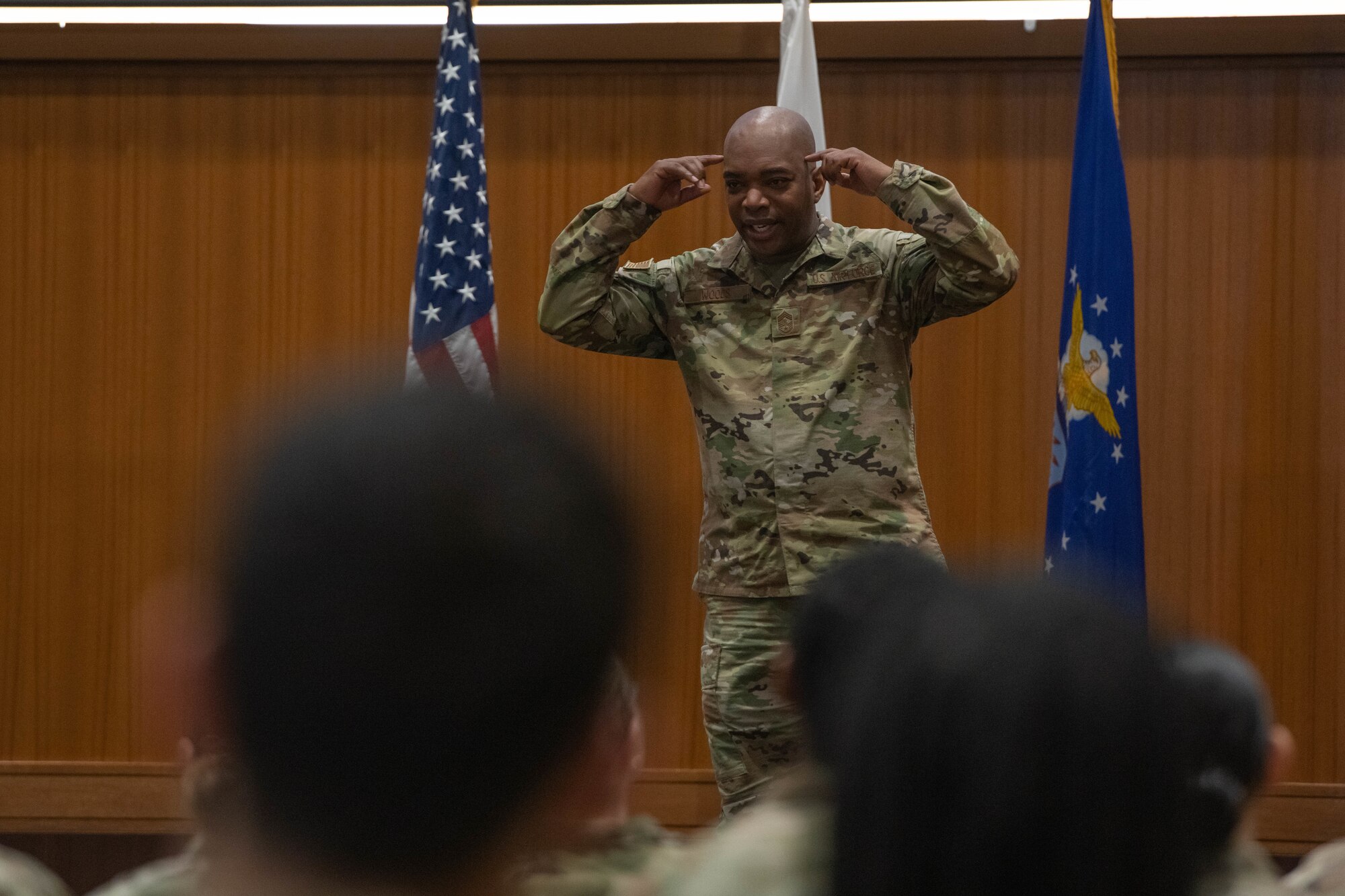 The Shogun Chief talks to Airmen during an enlisted call.