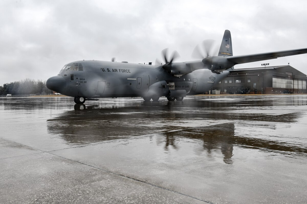 A C-130J Super Hercules aircraft from the 130th Airlift Wing, McLaughlin Air National Guard Base, West Virginia, lands at Youngstown Air Reserve Station, Ohio, on Feb. 22, 2023. Secretary of the Air Force Frank Kendall announced Youngstown ARS as the preferred location to receive eight new C-130Js.