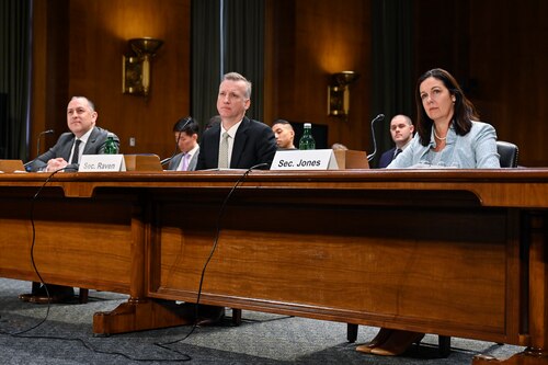 Kristyn Jones, assistant secretary of the Air Force for Financial Management and Comptroller, performing the duties of Under Secretary of the Air Force, Undersecretary of the Navy Erik Raven and Undersecretary of the Army Gabriel Camarillo testify before the Senate Armed Services Committee on military recruiting challenges in Washington, D.C., March 22, 2023. (U.S. Air Force photo by Eric Dietrich)
