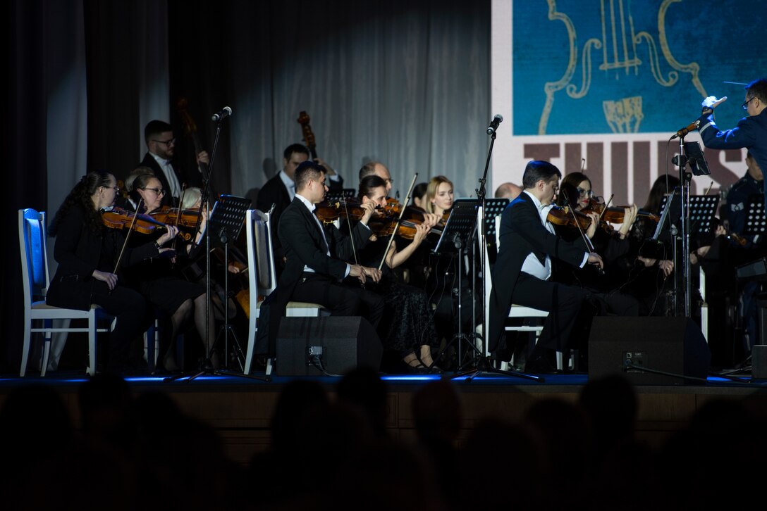 Members of a band play string instruments