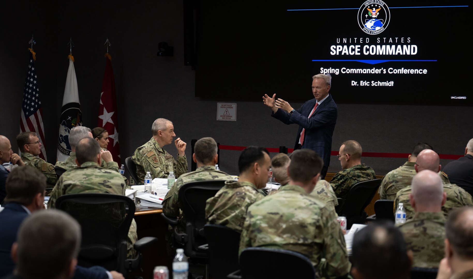 Dr. Eric Schmidt speaks to more than 70 senior leaders during day two of the three day USSPACECOM’s 2023 Spring Commander’s Conference at Peterson Space Force Base, Colo., March 15, 2023. Dr. Schmidt discussed in detail the future of technology in warfare, moving at the speed of pacing threats and the potential role of artificial intelligence for space and its effect on integrated deterrence. (USSPACECOM Photo by John Ayre)