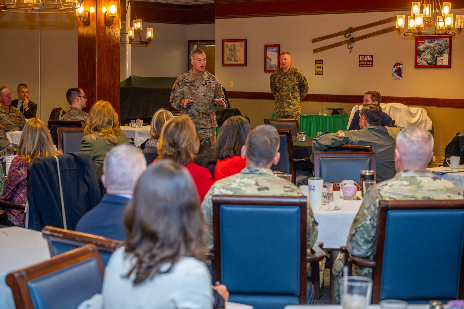 U.S. Navy Rear Adm. Will Pennington, U.S. Space Command’s chief of staff/U.S. Army Gen. James Dickinson, U.S. Space Command Commander, welcomes attendees to the 2023 Spring Commander’s Conference, March 14, 2023, at Peterson Space Force Base, Colo. The mission of semi-annual Commander’s Conference is to have full understanding of the Command’s Campaign Plan priorities, implementation successes, risks, key gaps and to identify option to mitigate gaps to achieve the Commander’s vision.  (USSPACECOM photo by Mass Communication Specialist 1st Class John Philip Wagner, Jr)