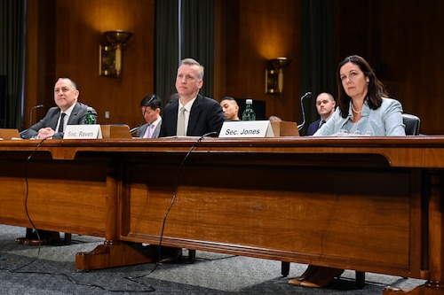 Kristyn Jones, assistant secretary of the Air Force for Financial Management and Comptroller, performing the duties of Under Secretary of the Air Force, Undersecretary of the Navy Erik Raven and Undersecretary of the Army Gabriel Camarillo testify before the Senate Armed Services Committee on military recruiting challenges in Washington, D.C., March 22, 2023. (U.S. Air Force photo by Eric Dietrich)