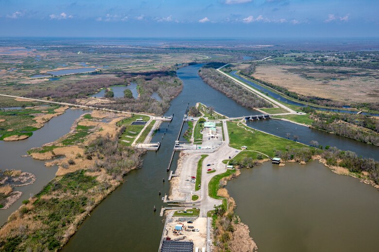 An aerial view of the U.S. Army Corps of Engineers Galveston District Wallisville Lake Project on the Trinity River