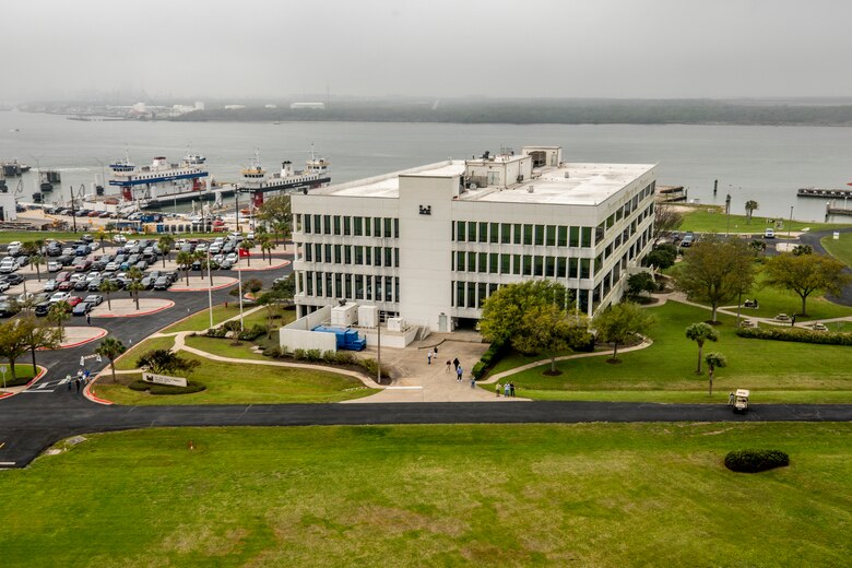 An aerial view of the U.S. Army Corps of Engineers Galveston District Headquarters building