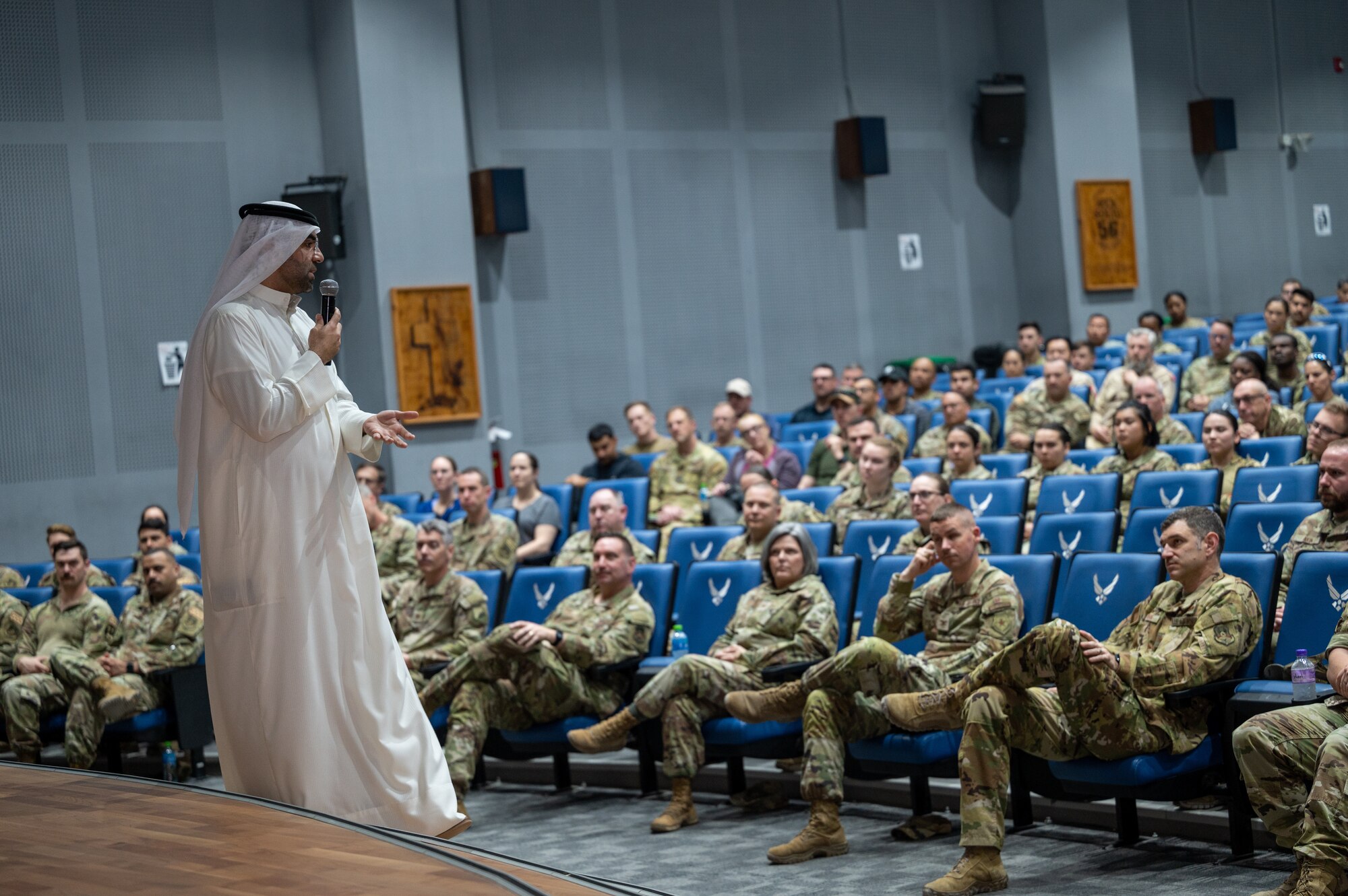 Dr. Ali A. Alkandari, an Arabic and Islamic Studies expert, educates U.S. service members and coalition partners on Ramadan at Ali Al Salem Air Base, Kuwait, March 14, 2023. Dr. Alkandari spoke on the significance of Ramadan, what to expect in Kuwait during Ramadan, and some cultural courtesies to observe. Having a better comprehension of the host nation’s culture allows for deeper understanding, mutual respect and lasting partnerships. (U.S. Air Force photo by Senior Airman Devan Halstead)